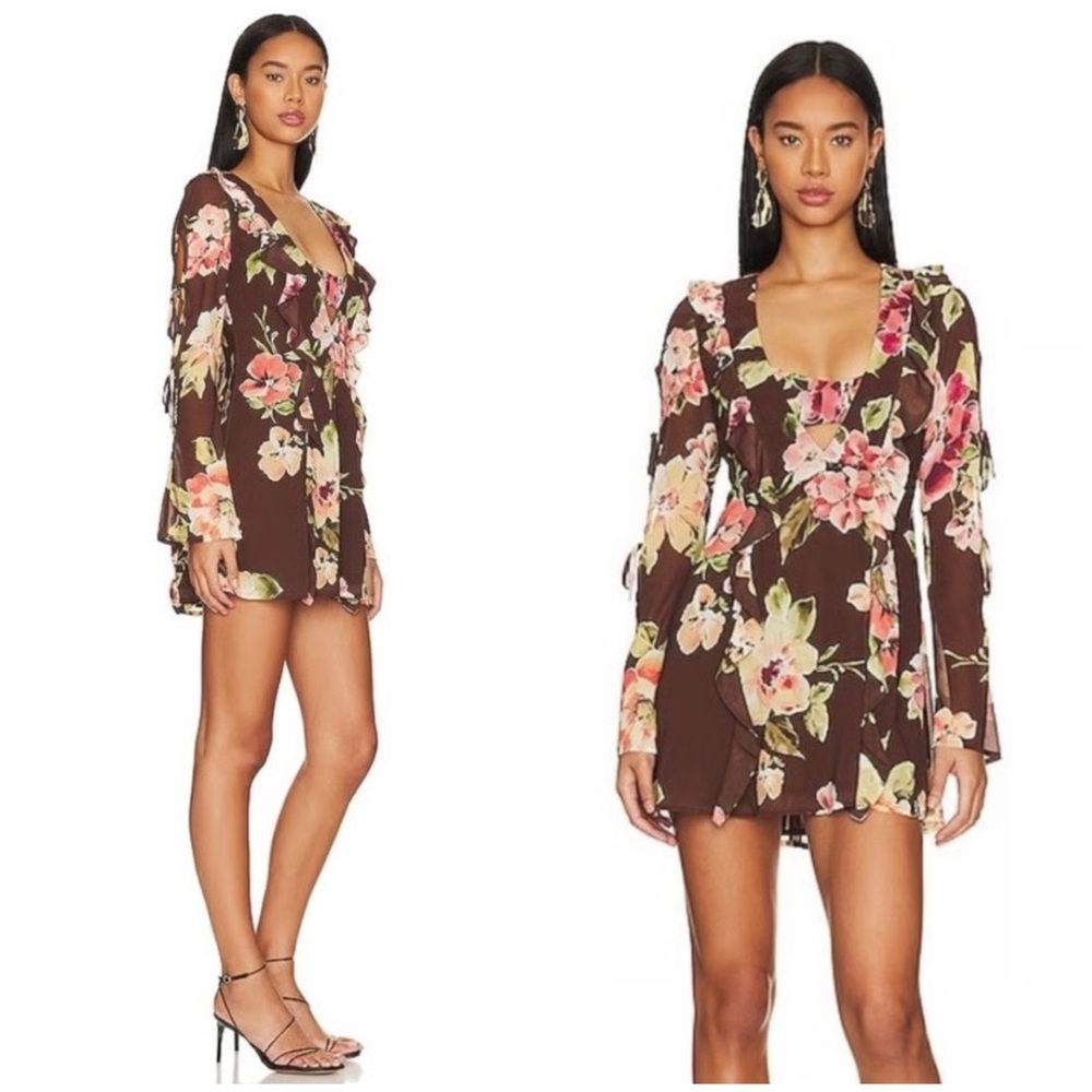 New! Tularosa Hayes Brown Saffron Floral Ruffle Mini Dress 🤎 Medium NWOT!